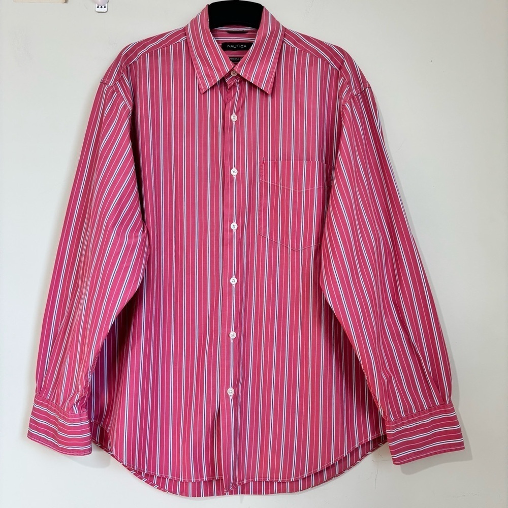 Nautica Men's 80's Two-Ply Cotton Long Sleeve Pink White Striped Button Up Shirt